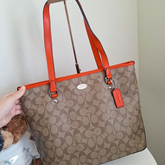 NWT Coach Signature Zip Top Tote F34603 Khaki Orange - Picture 2 of 8